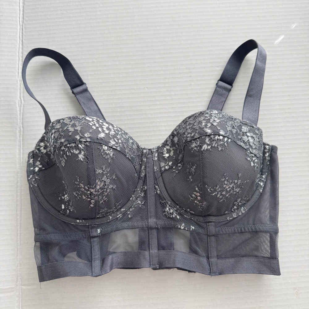 Victorias Secret Very Sexy Lined Balconette longline Bra Gray Silver Lace 36D - Picture 2 of 9